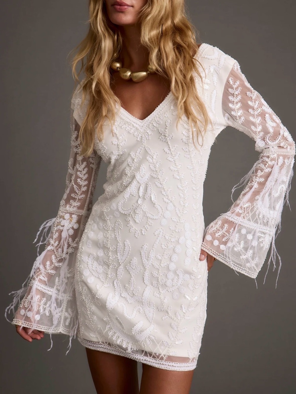 12th Tribe Larisa White Printed Sequin Long Sleeve Dress with Feathers